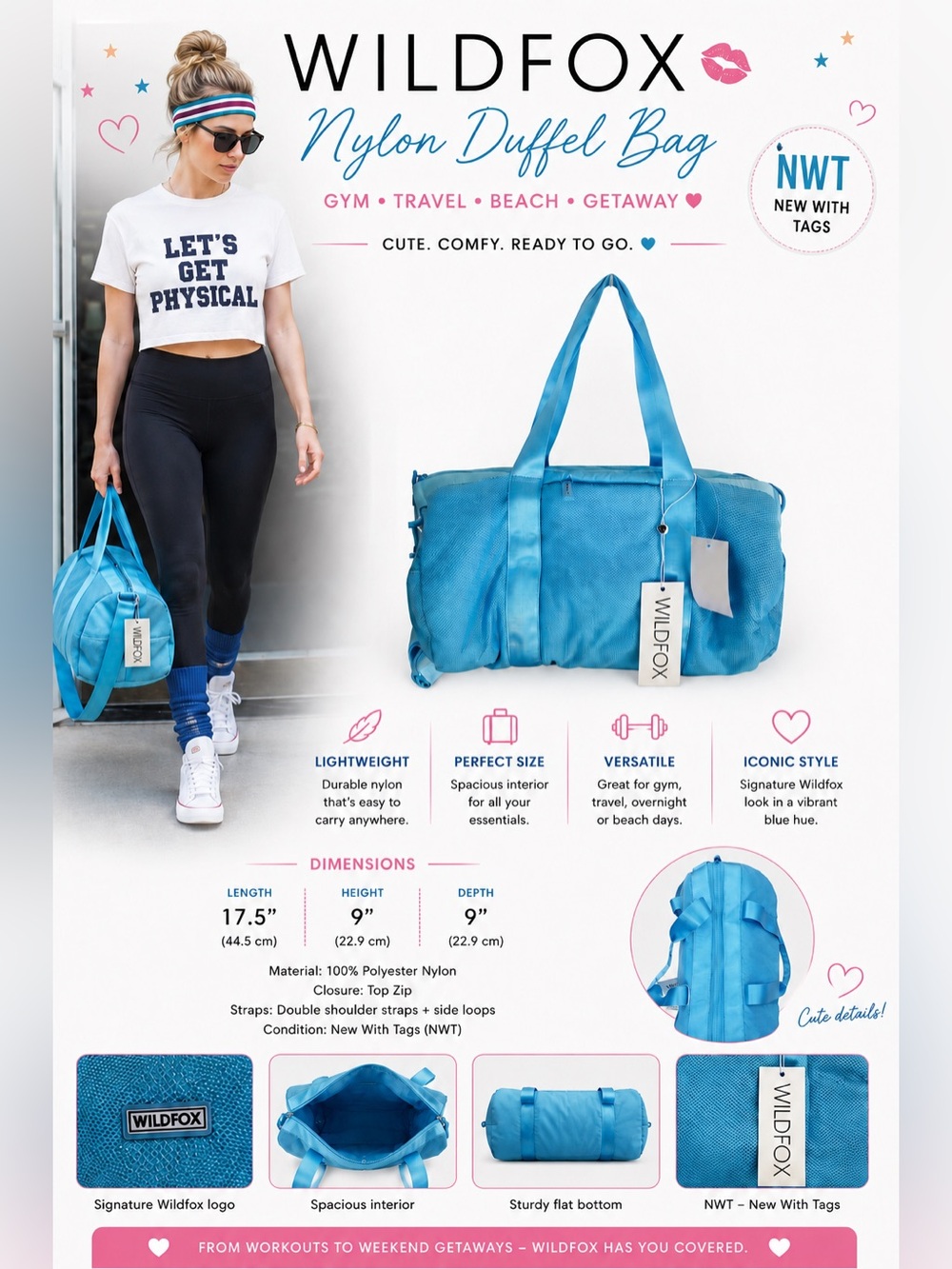 Wildfox Blue Bag Nylon duffle style NWT gym travel beach vacation overnight